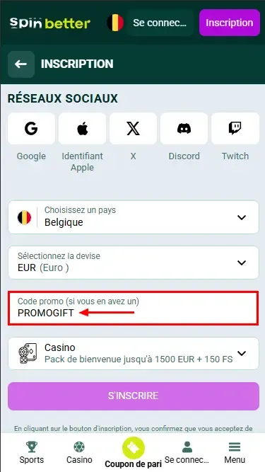 Code promo Spinbetter Belgique