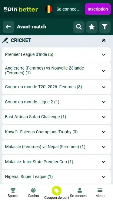 Spinbetter Belgique Matchs et événements de cricket