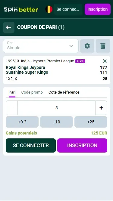 Spinbetter Belgique : Coupon de pari sur le cricket