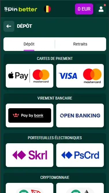 Spinbetter Belgique : options de dépôt