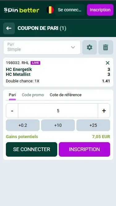 Ticket de pari hockey Spinbetter Belgique