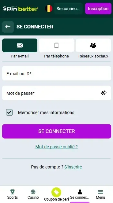 Connexion à Spinbetter Belgique par e-mail
