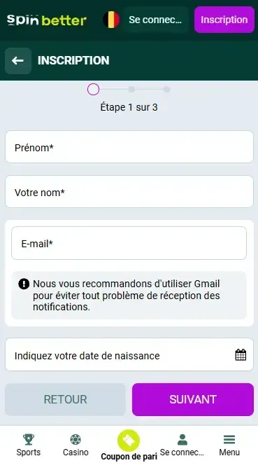 Inscription Spinbetter Belgique par e-mail
