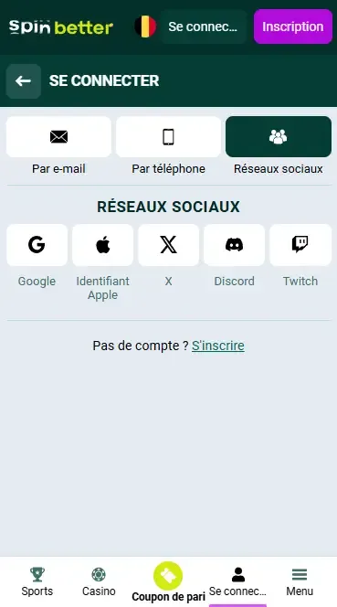 Connexion à Spinbetter Belgique via les réseaux sociaux