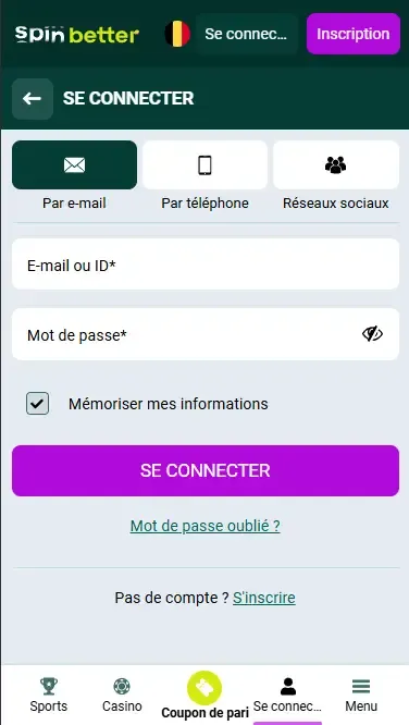 Inscription sur le site Spinbetter Belgique par e-mail
