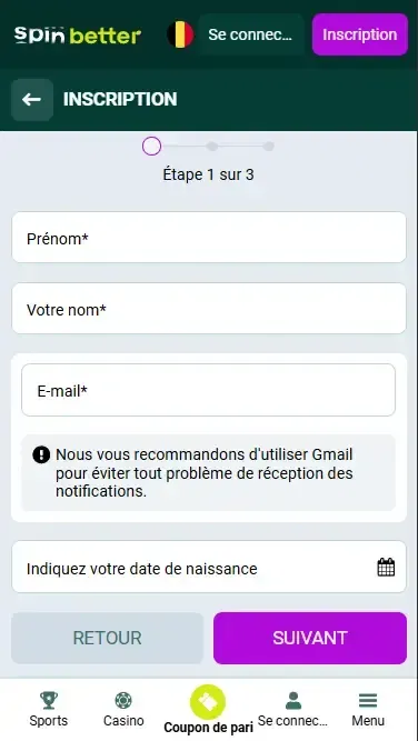 Inscription à Spinbetter en Belgique par e-mail