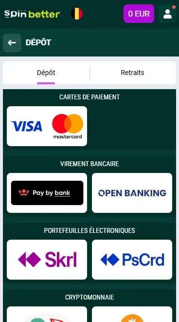 Spinbetter Belgique : méthodes de dépôt