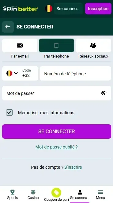 Spinbetter Belgique : connexion par numéro de téléphone