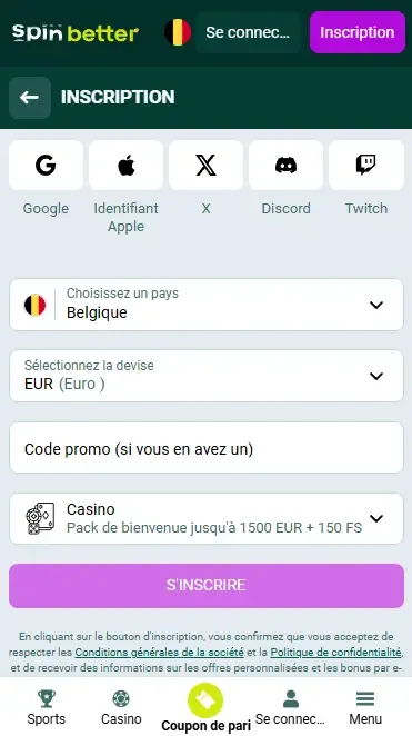 Inscription Spinbetter via les réseaux sociaux