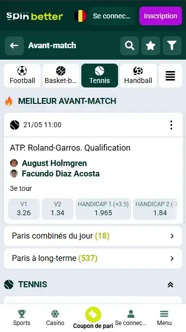 Événements de tennis chez Spinbetter Belgique