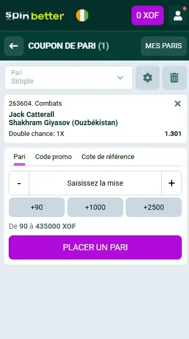 Coupon de pari boxe Spinbetter