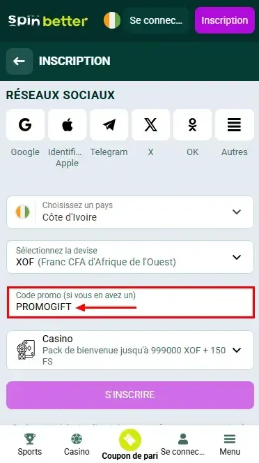 Code promo Spinbetter ivoirien
