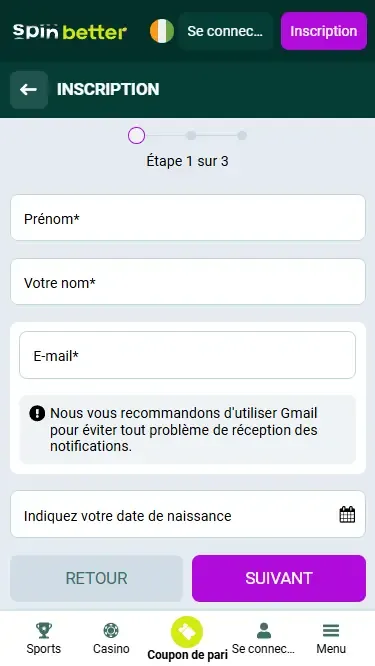 Inscription Spinbetter Côte d'Ivoire via e-mail