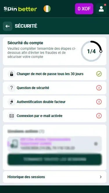 Protection du compte Spinbetter Côte d'Ivoire