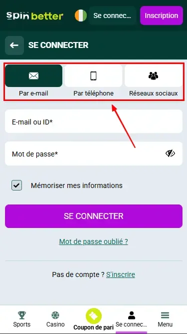 Spinbetter CI : moyens de se connecter