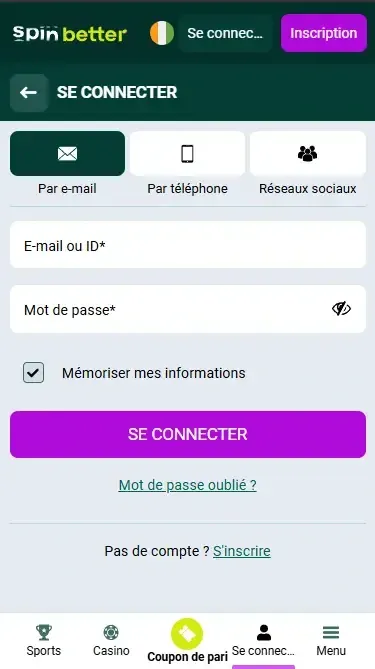 Connexion Spinbetter via e-mail en Côte d'Ivoire