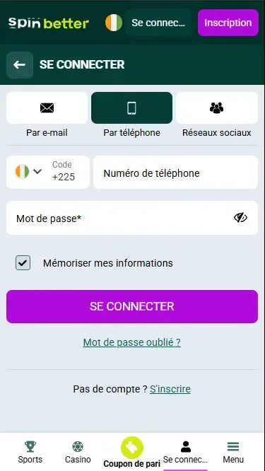 Connexion Spinbetter Côte d'Ivoire via numéro de téléphone