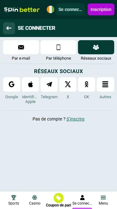 Connexion Spinbetter CI via réseaux sociaux