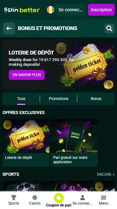 Bonus de dépôt Spinbetter Côte d'Ivoire