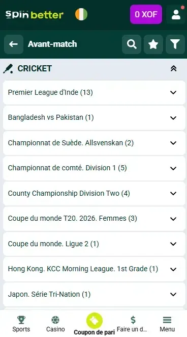 Spinbetter Côte d'Ivoire Matchs et événements de cricket
