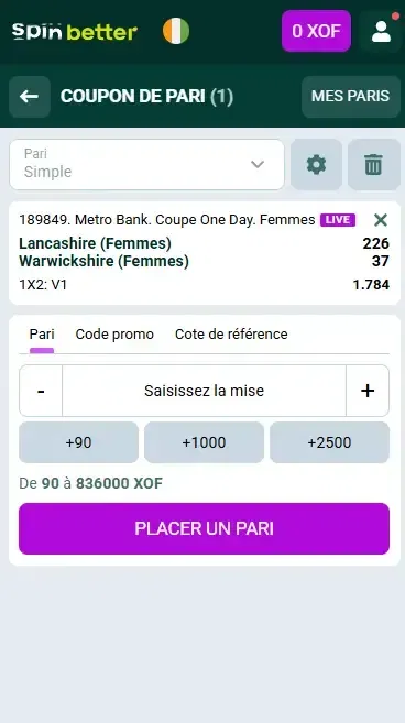 Spinbetter Côte d'Ivoire : Coupon de pari cricket
