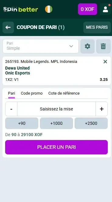 Spinbetter CI : Coupon de pari e-sport