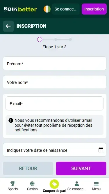 Inscription Spinbetter par e-mail