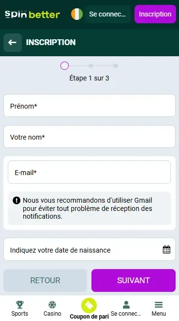 Inscription Spinbetter Côte d'Ivoire par e-mail
