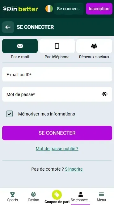 Connexion Spinbetter Côte d'Ivoire via e-mail