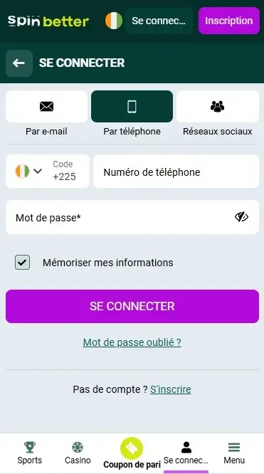 Connexion Spinbetter Côte d'Ivoire via numéro de téléphone