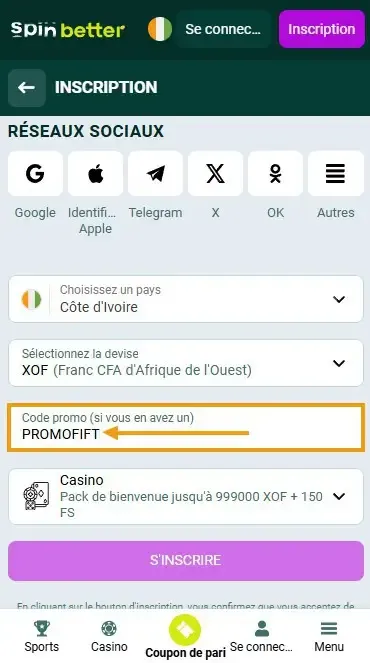 Code promo Spinbetter Côte d'Ivoire