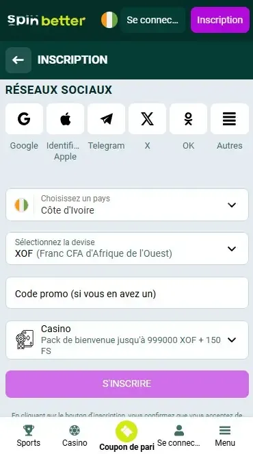 Inscription Spinbetter Côte d'Ivoire via les réseaux sociaux