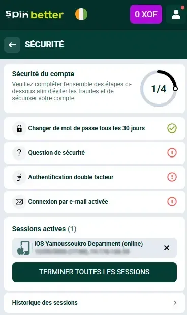 Spinbetter Côte d'Ivoire : Protection du compte