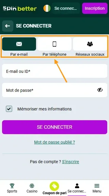 Spinbetter CI : façons de se connecter