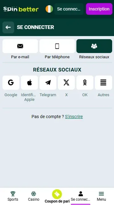 Spinbetter Côte d'Ivoire : Connexion via les réseaux sociaux
