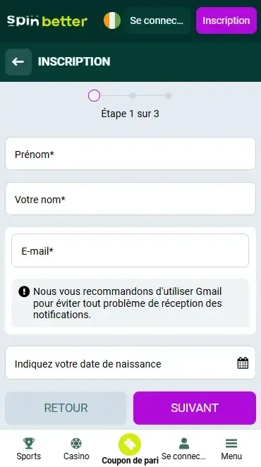 Inscription Spinbetter en Côte d'Ivoire par e-mail