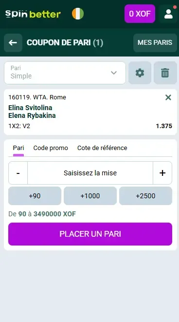 Ticket de pari Spinbetter Côte d'Ivoire