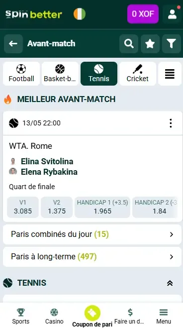 Événements de tennis Spinbetter Côte d'Ivoire