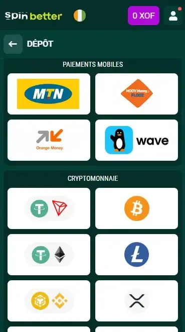 Options de dépôt Spinbetter en Côte d'Ivoire