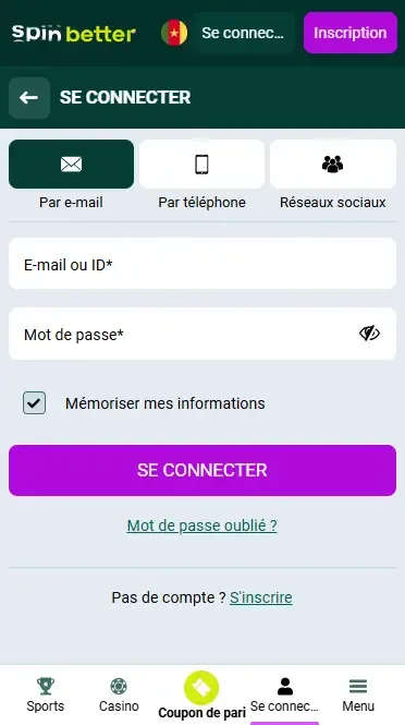 Connexion à Spinbetter Cameroun par e-mail