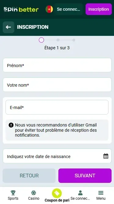Inscription Spinbetter Cameroun par e-mail