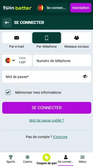 Connectez-vous à Spinbetter Cameroun à l'aide de votre numéro de téléphone