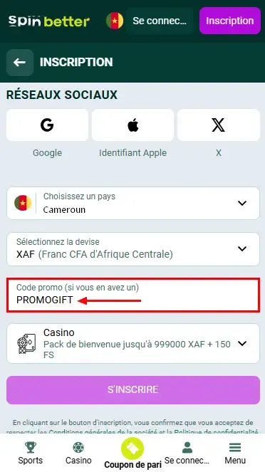 Code promotionnel Spinbetter Cameroun