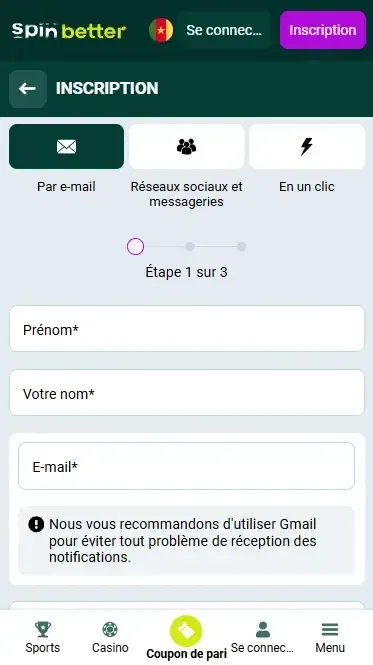 Inscription à Spinbetter par e-mail au Cameroun