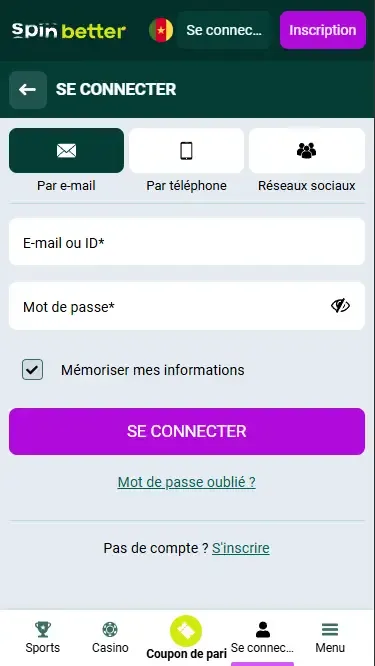 Connexion Spinbetter Cameroun via e-mail