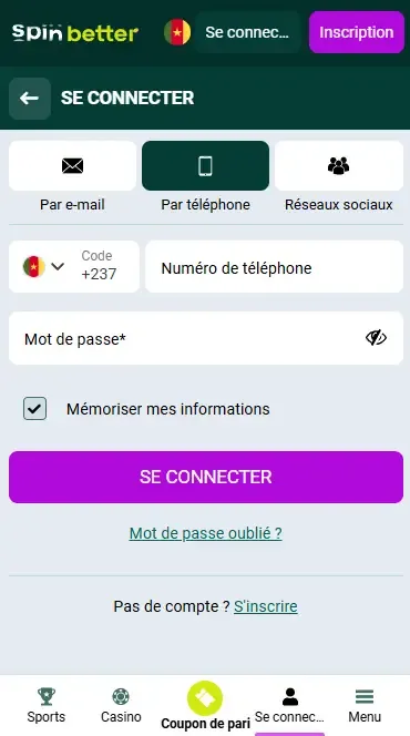 Connexion Spinbetter Cameroun via numéro de téléphone