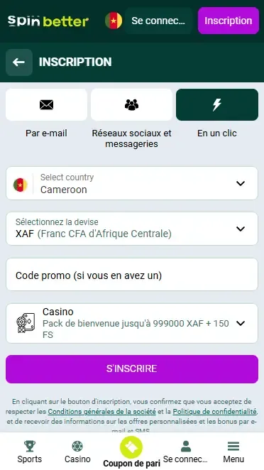 Inscription Spinbetter en un clic
