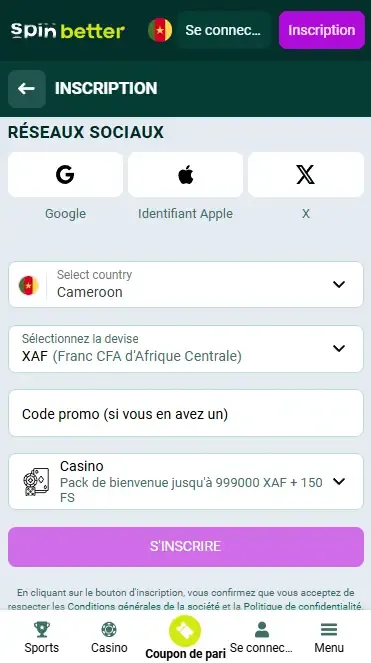 Inscription Spinbetter via les réseaux sociaux