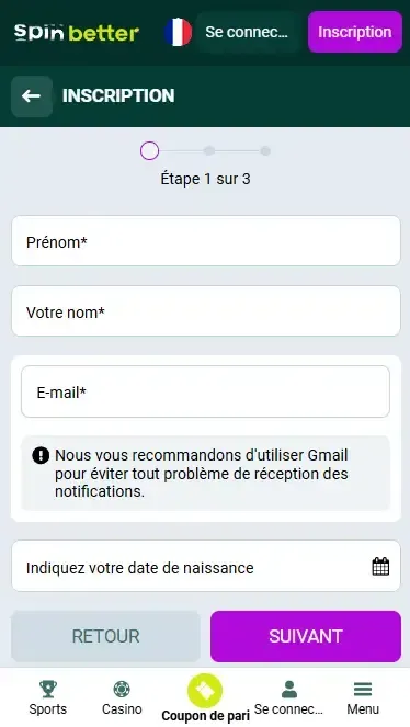 Inscription Spinbetter France par e-mail