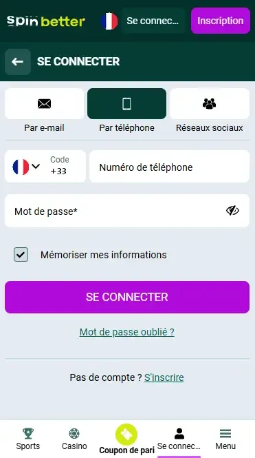 Connexion à Spinbetter France via numéro de téléphone